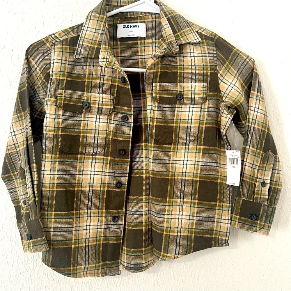 NWT Old Navy Boy Size XS (5) Soft-Brushed Flannel Pocket Shirt Green/Brwn Plaid